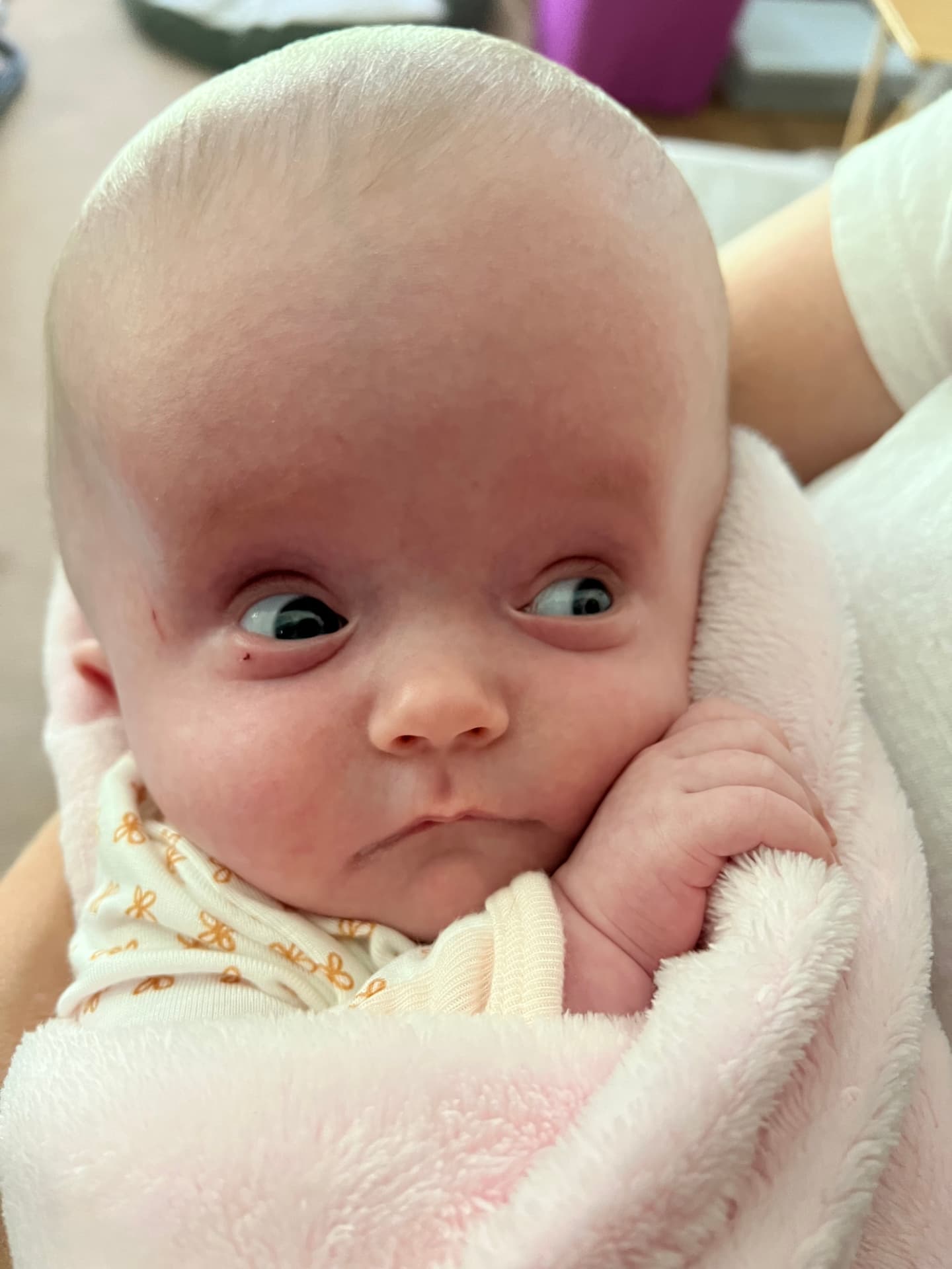 Newborn Harlow wrapped in a pink blanket, looking sideways